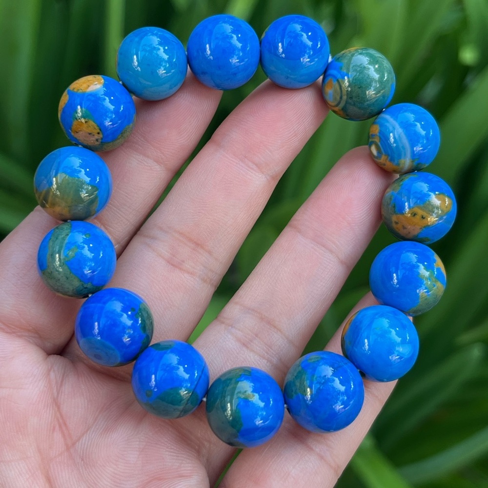 14mm stretchable blue earth‎ pattern agate bracelet